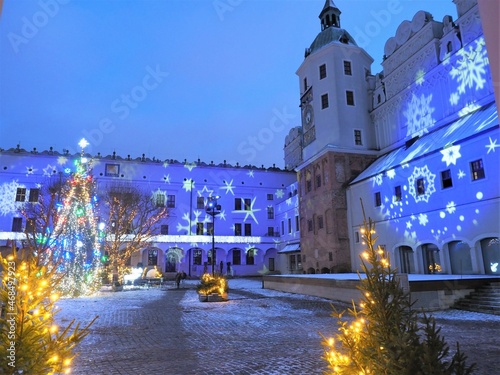 Ducal Castle of Szczecin illuminated for Christmas festivity with blue light projection (snow theme)