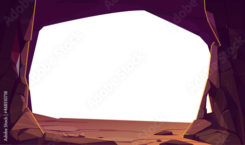 Entrance to cave in mountain, hole in rock with empty copy space for text or image. Grotto, hidden underground tunnel or cavern, natural hollow on white background, Cartoon vector illustration