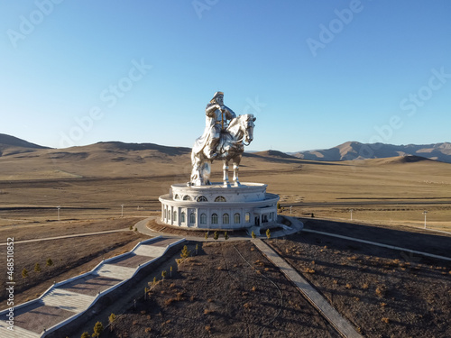 Statue of Genghis Khan on horseback in the area of Tsongzhin-Boldog. Mongolia. Central aimag. Shooting from a drone.