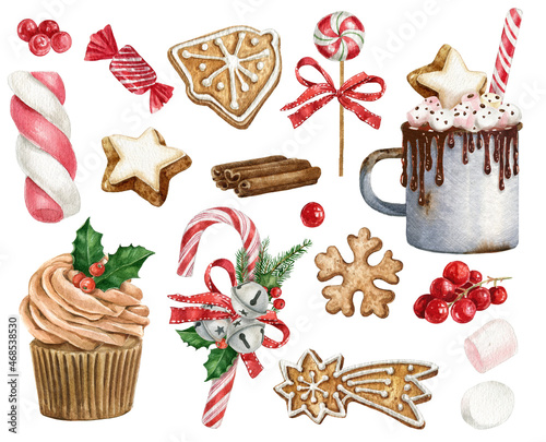 Watercolor Christmas sweets set, cocoa mug, cupcake, candy cane, lollipop, red berries, ginger cookies, hot chocolate mug. Isolated on white background.