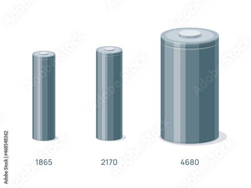 Cylinder battery cell compare 1865, 2170, 4680 type tabless cells. Rechargeable lithium li-ion alkaline accumulator cylinders components. Isolated isometric vector illustration on white background. 