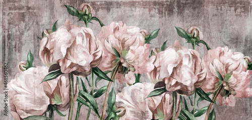 large art peony painted on a textured background in pastel shades, merge photomurals into the rooms or the interior of the house
