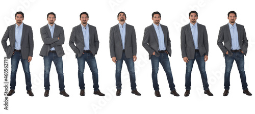 various poses of same man with blazer and jeans on white background