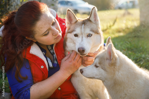 The dog breeder is hugging with her husky dogs outdoors
