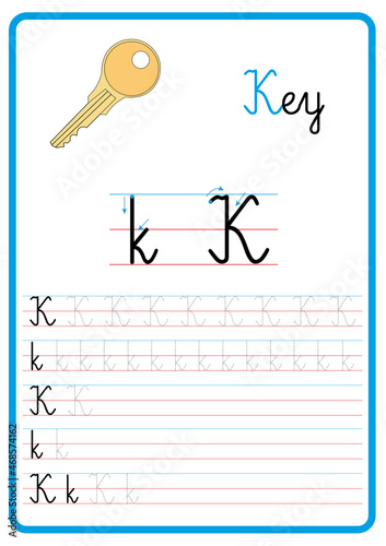 Plansza do nauki pisania liter alfabetu, litera k