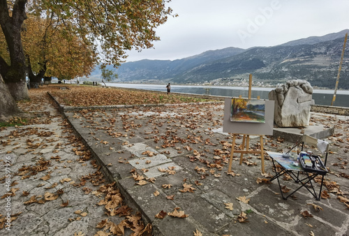 auumn in ioannina city greece, platanus trees yellow and brown colors fallen on the street