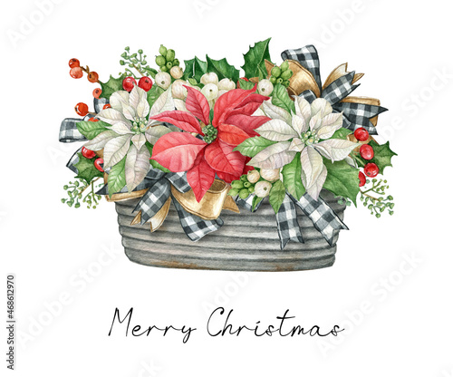 White poinsettia flower in rustic pot with buffalo plaid bow,pine cone, firry,holly leaves and red berries. Watercolor illustration.Christmas winter holiday bouquet isolated on the white background