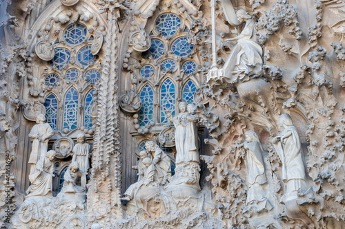 Detail of the facade of sacred family "La Sagrada Familia" , cathedral designed by Gaudi, being built since 19 March 1882 with people donations
