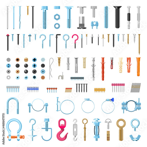 Vector collection of detailed fasteners and screws. Details for repair and construction isolated on a white background.