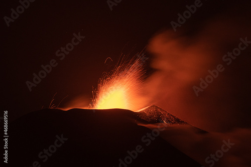 Strombolian Eruption Volcano La Palma Erupting. Cumbre Vieja. Canary Island.