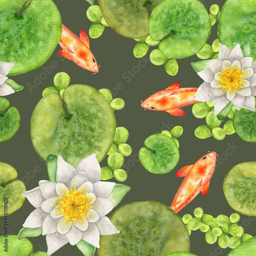 Japanese Koi fish and white water lily in pond watercolor seamless pattern