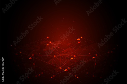 Global cyber attack.Internet network communication under cyber attack with dark red background and icons, worldwide propagation of virus online.Vector illustration.