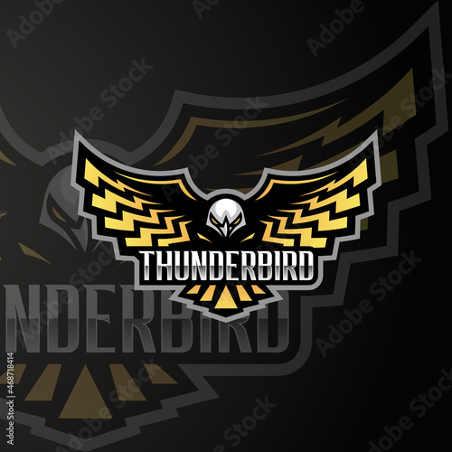Strong Thunderbird Logo Mascot. Combination of incorporating thunderbolt/lightning and wings. A modern sport thunderbird logo. Can be used for the sport, esport, and gaming industries.
