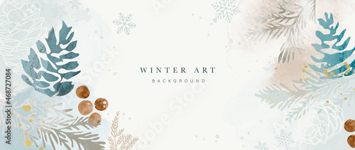 Winter background vector. Hand painted watercolor and gold brush texture, Flower and botanical leaves hand drawing. Abstract art design for wallpaper, wall arts, cover, wedding and invite card. 