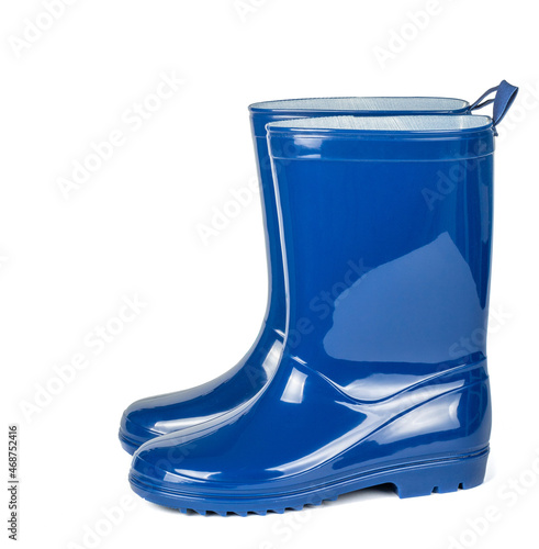 Blue rubber boots side view isolated on white background