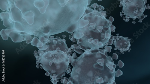 Microscopic view of infectious SARS-CoV-2 omicron virus cells. 3D rendering