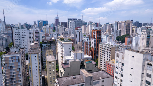 Aerial view of Jardins district in São Paulo, Brazil. Residential and commercial buildings in a prime area with Av. Paulista on background