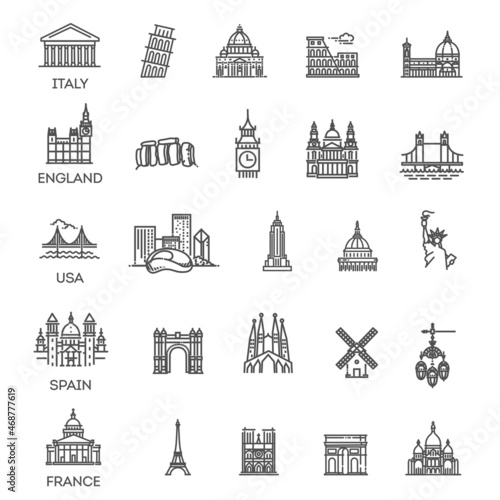 Simple linear Vector icon set representing global tourist landmarks and travel destinations for vacations