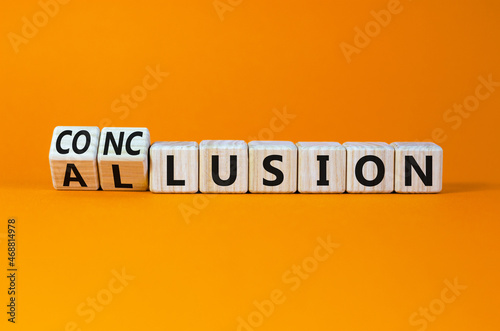 Conclusion or allusion symbol. Turned cubes and changed the word 'allusion' to 'conclusion'. Beautiful orange background, copy space. Business, conclusion or allusion concept.