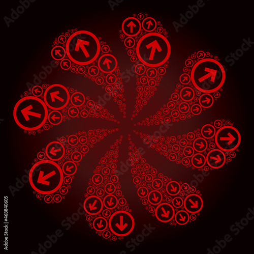 Bloody next icon centrifugal spin turbine salute shape on red dark gradient background. Turbine curl done from red random next items.