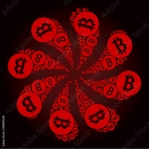 Red bitcoin coin icon swirl twist turbine fireworks shape on red dark gradient background. Rotation twist done from red scattered bitcoin coin symbols.