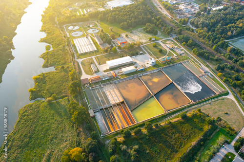 Top aerial view of purification tanks of modern wastewater treatment plant