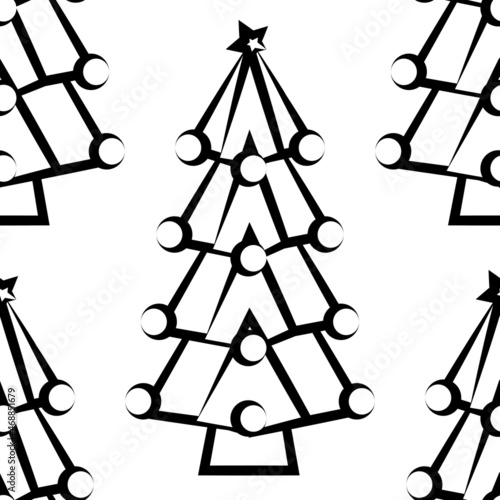 Patrón de árbol de Navidad con bolas y estrella en trazo negro irregular sobre fondo blanco. Patrón de pino navideños en trazo negro sobre fondo blanco