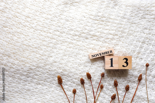 November 13th, Cube wooden calendar showing date on 13 November, Wooden calendar with date and dry flowers on white knitted fabric.