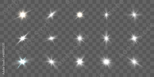 Realistic collection of bright light effects, sparkling stars on a transparent background. Vector