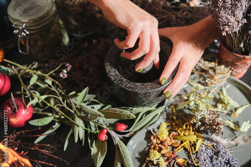 The girl grinds dry herbs in a mortar. Preparation of a mixture of dried herbs for making tea, medicines, tinctures. Phytotherapy, alternative medicine.