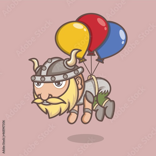 cute cartoon viking character floating using balloons. vector illustration for mascot logo or sticker