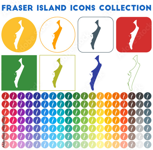 Fraser Island icons collection. Bright colourful trendy map icons. Modern Fraser Island badge with island map. Vector illustration.