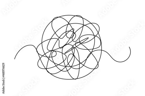 Tangle tangled thread. Doodle illustration of chaotic thread in a circle, scribble line. Yarn, twine in the ball. Hand drawn vector illustration.