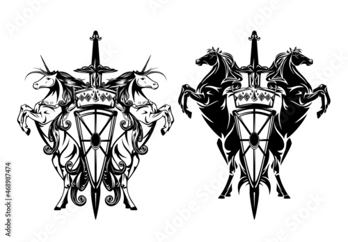 pair of rearing up unicorn horses with heraldic shield, royal crown and knight sword - medieval style fairy tale coat of arms black and white vector design set