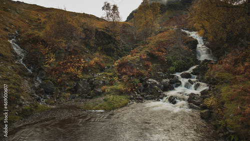 A waterfall on a mountain slope at Glen Lyon, Scotland.
