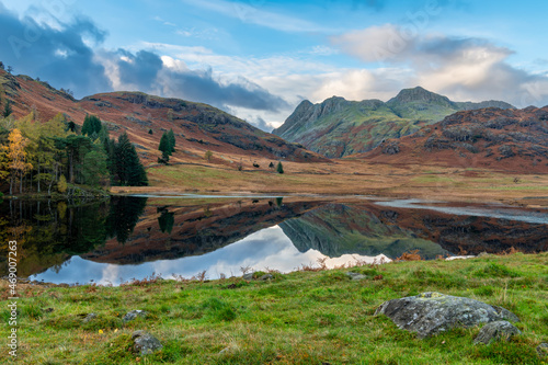Reflections in Blea Tarn in the Langdales hanging Valley in the Lake District, Cumbria, England