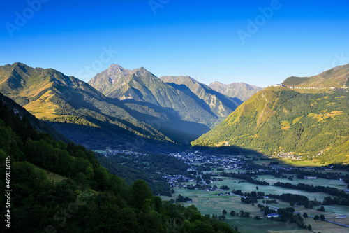 Saint Lary Soulan city and ski station, and his valley with first lights of the day