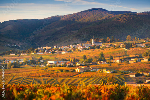 Couleurs d'automne et village de Quincié-en-Beaujolais, Beaujolais, France