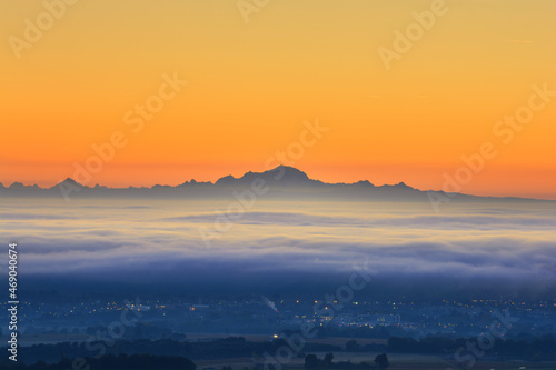 Sea of clouds and Mont Blanc peak during sunrise, Beaujolais land, France