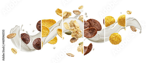 Cereal breakfast collage, granola and corn flakes with milk splash