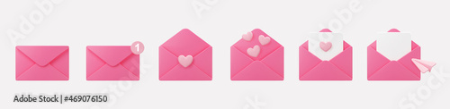 3d pink mail envelope icon set with flying hearts, paper plane and marker new message isolated on grey background. Render giving love email for Mother and Valentines Day greeting. 3d realistic vector