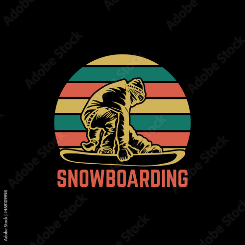 t shirt design snowboarding with snowboarder and black background vintage illustration