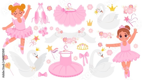 Cartoon ballet shoe, clothing, dancing ballerinas and swans. Cute ballet dance accessories and decoration. Flowers, crowns, tutu vector set