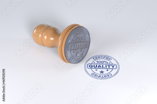 Blue superior quality stamp with wooden stamper isolated on white background.