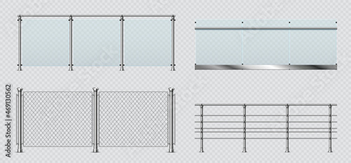 Realistic glass and metal balcony railings, wire fence. Transparent terrace balustrade with steel handrail. Pool fencing sections vector set