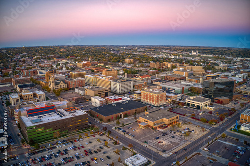 Aerial View of Downtown Sioux City, Iowa at Dusk