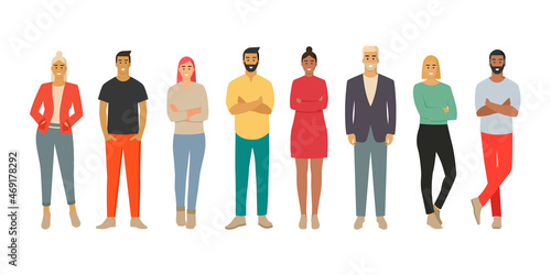 Personas. Hombres y mujeres de pie. Grupo o equipo de trabajo. Diversidad de personas. Ilustración vectorial, estilo colores