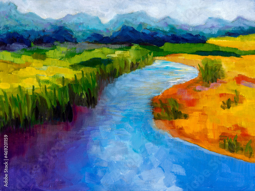 Contemporary expressionism oil painting depicting a landscape with fields. river, and mountains.