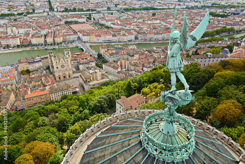 Statue of Saint Michel above Fourviere basilica, Lyon, France