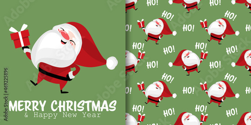 Christmas holiday banner with Merry Christmas text and seamless pattern of Santa Claus holding gift boxes and Ho! text on green background. Vector illustration.